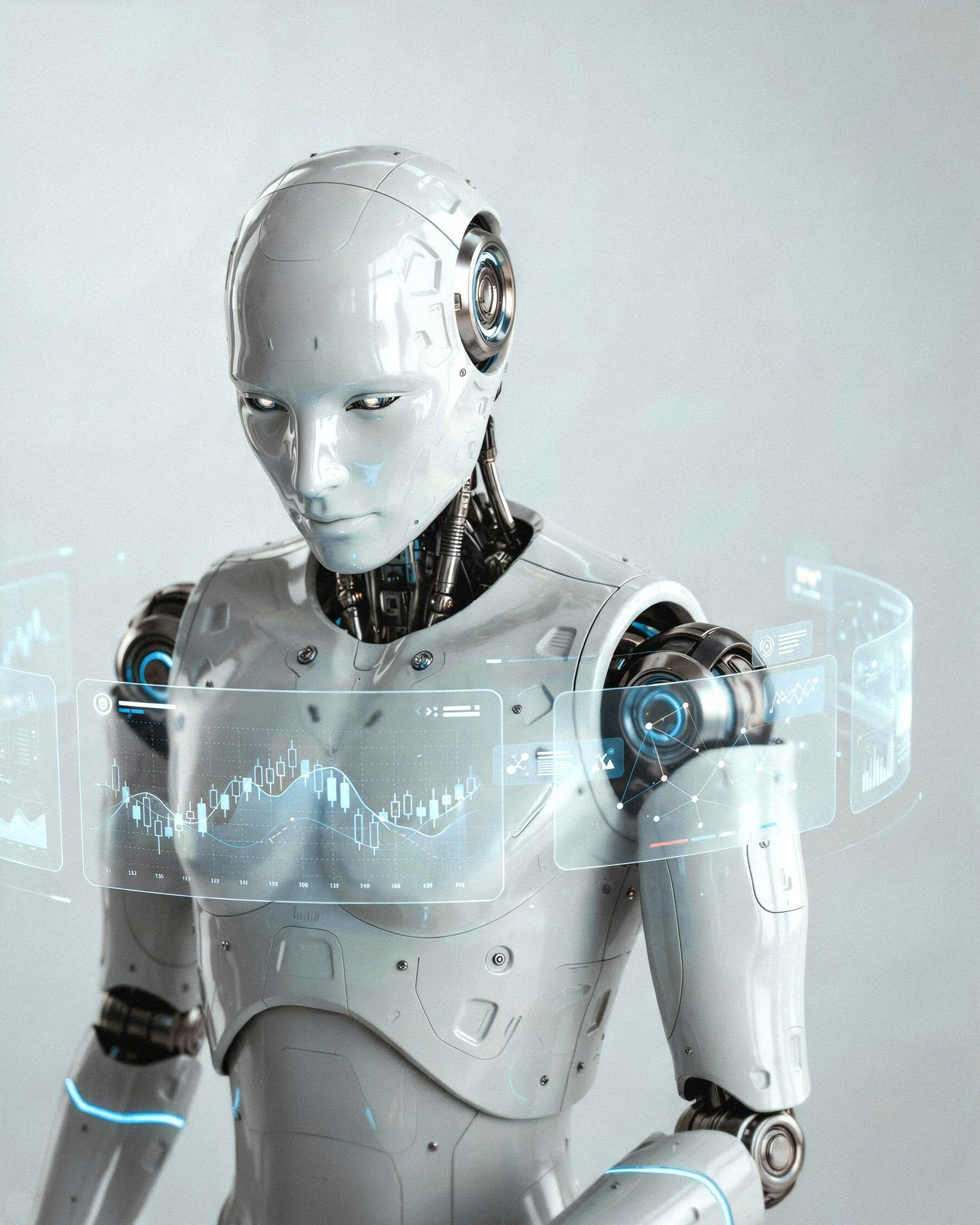 Ceramic-white robotic figure working across floating AI interface panels