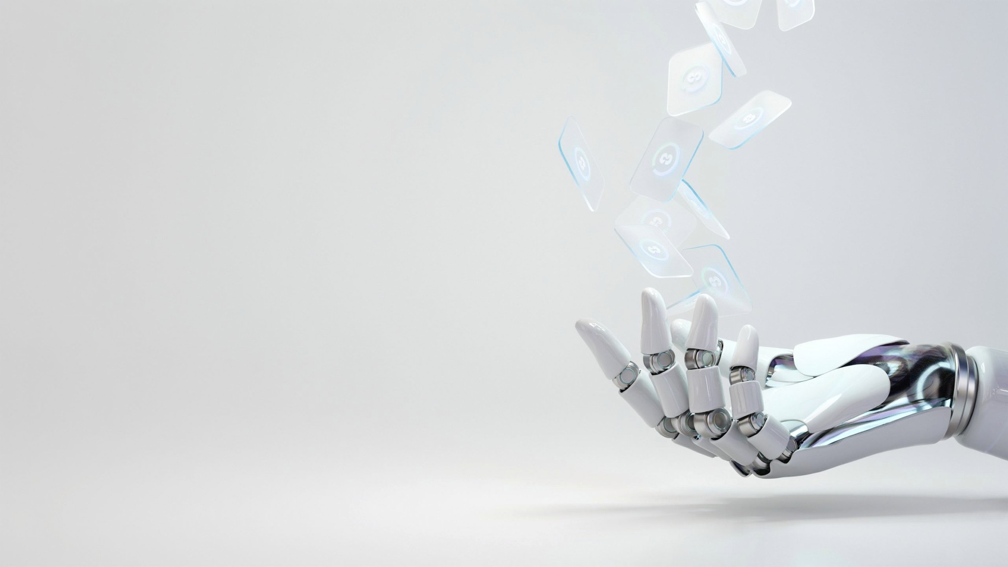 Robotic hand releasing a cascade of floating content cards — AI content generation for marketing