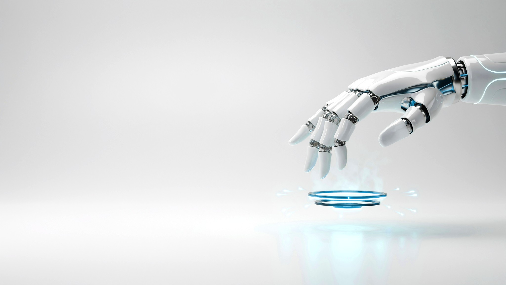 Robotic hand above glowing emitter rings dispatching nodes — automated marketing campaigns