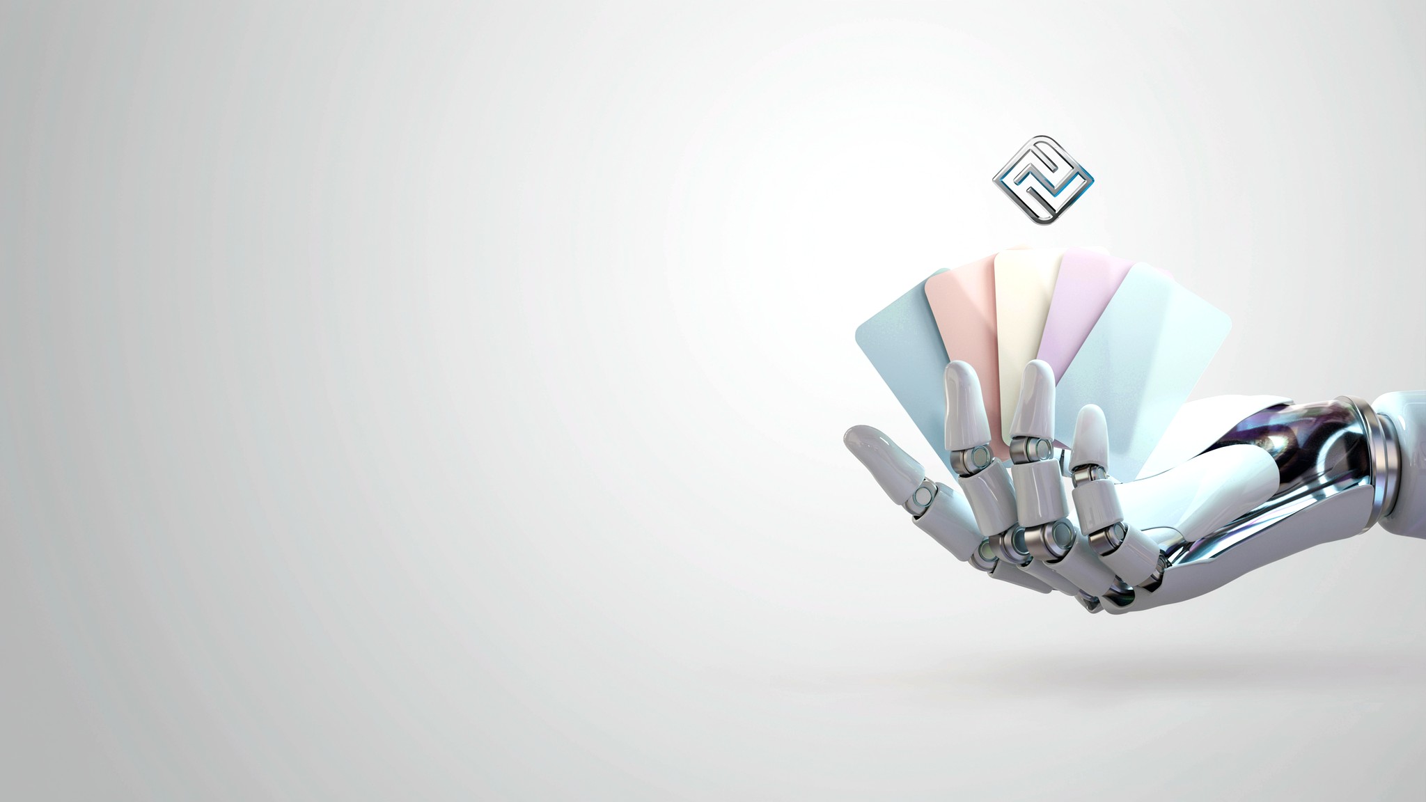 Robotic hand fanning out brand colour swatches — brand identity design services, Johannesburg