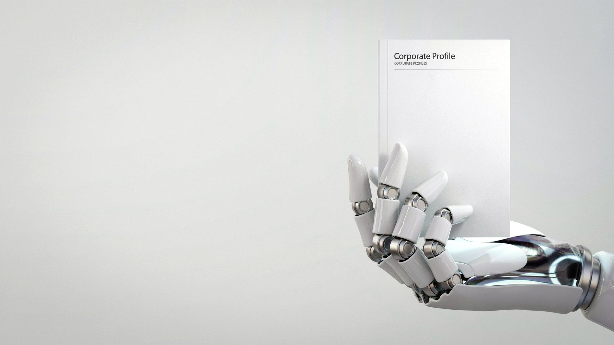 Robotic hand holding a bound corporate profile document — corporate profile design, Johannesburg