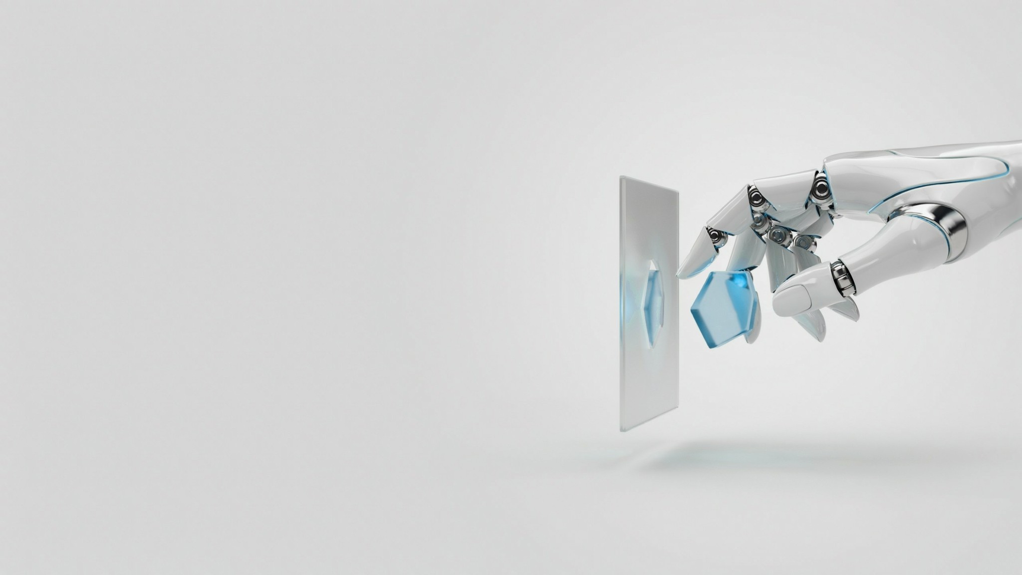 Robotic hand fitting a custom glowing teal component precisely into a matching gap — custom software development, South Africa
