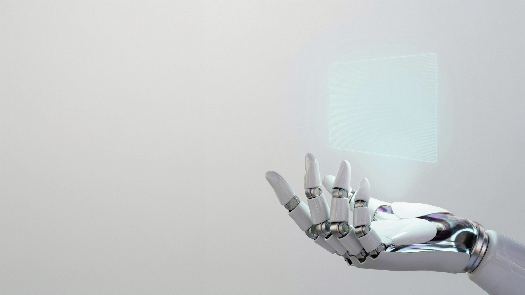 Robotic hand presenting a floating digital banner advert — digital ad design for Google and Meta