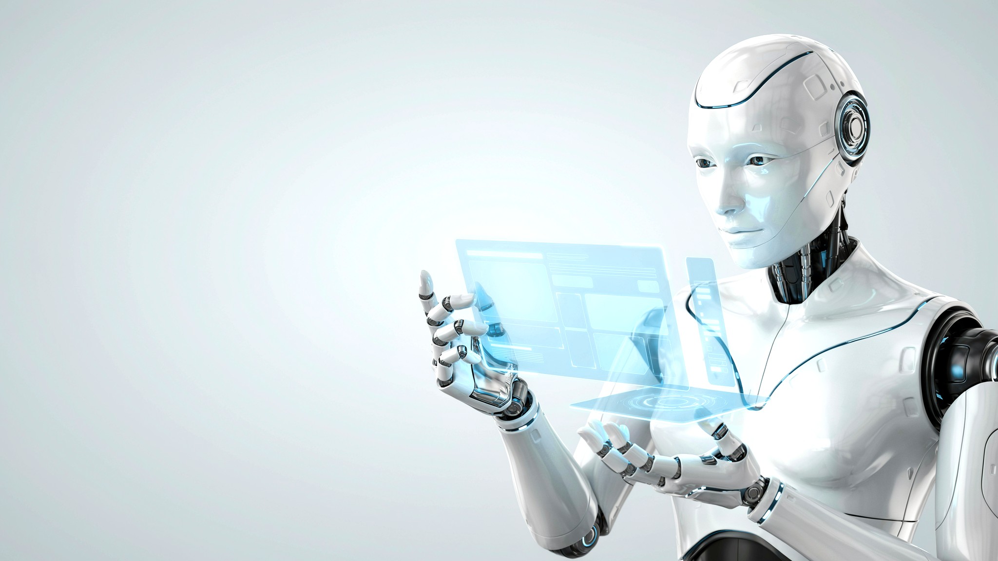 Robotic figure at a desk with floating design panels — graphic design services, Johannesburg