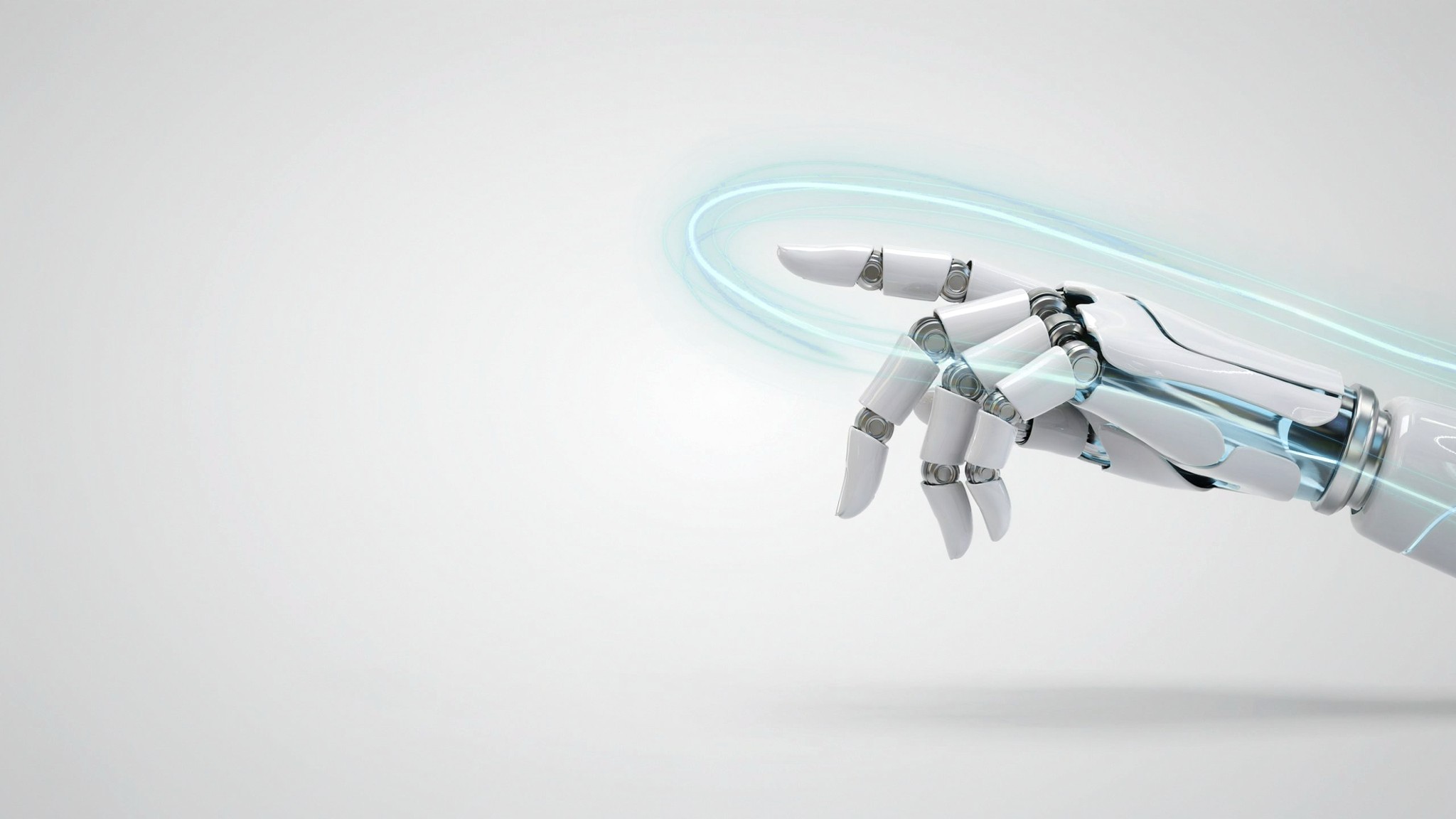Robotic hand drawing a ribbon of glowing motion trails — motion graphics and animation services