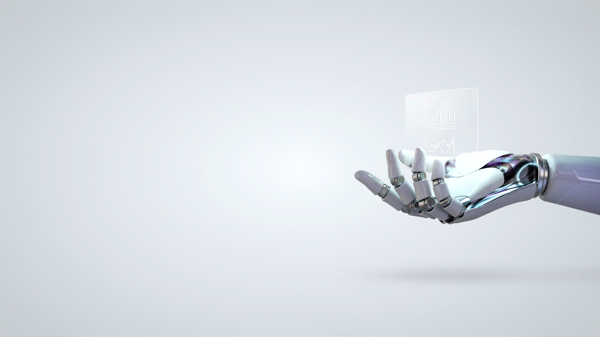 Robotic hand gesturing at a floating slide deck — presentation and pitch deck design