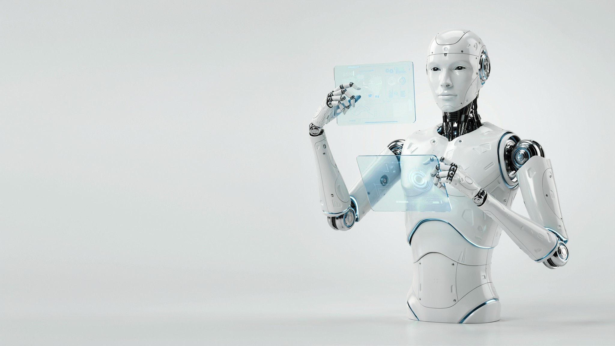 Robotic figure with multiple arms handling task panels — monthly creative retainer