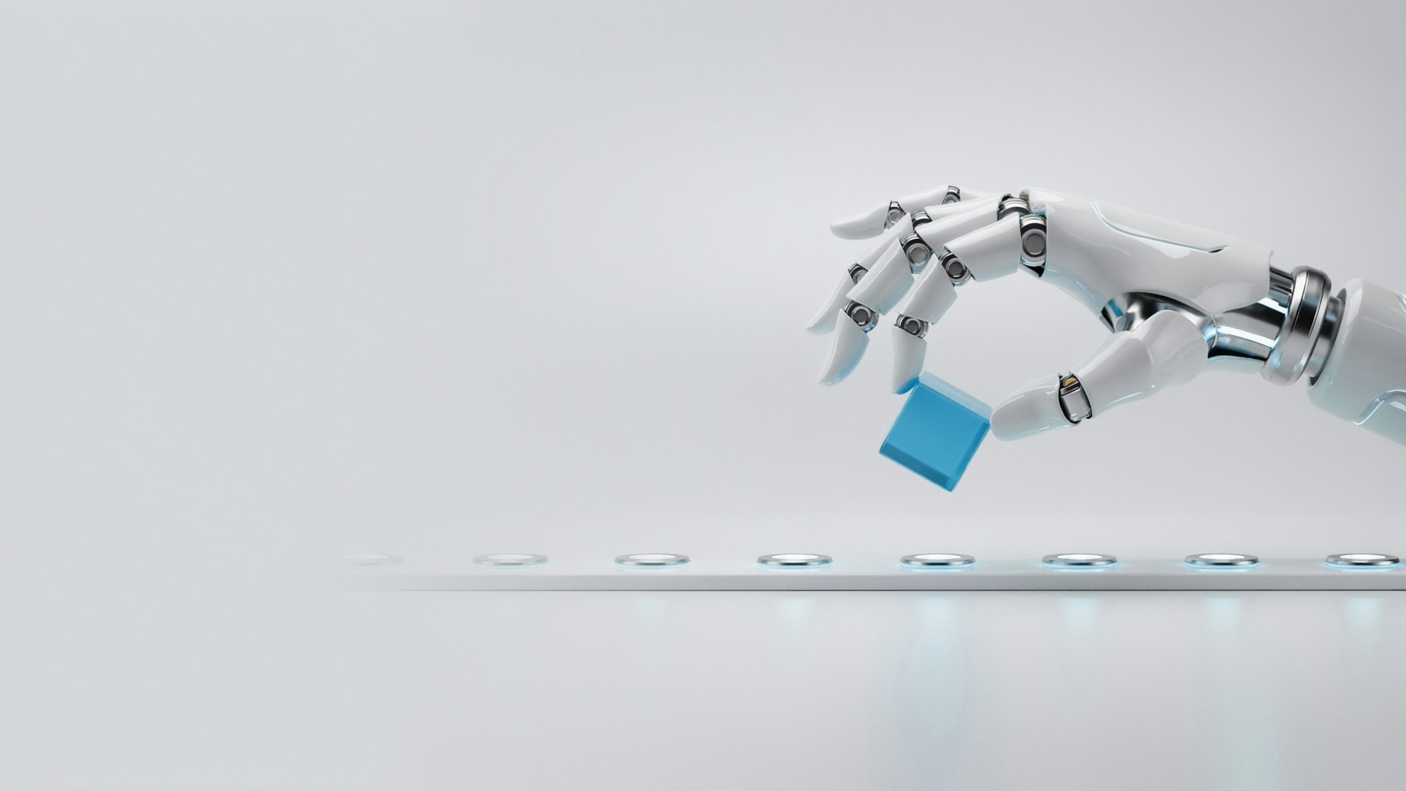 Robotic hand moving a glowing teal cube along a track of illuminated checkpoints — sales and marketing pipelines