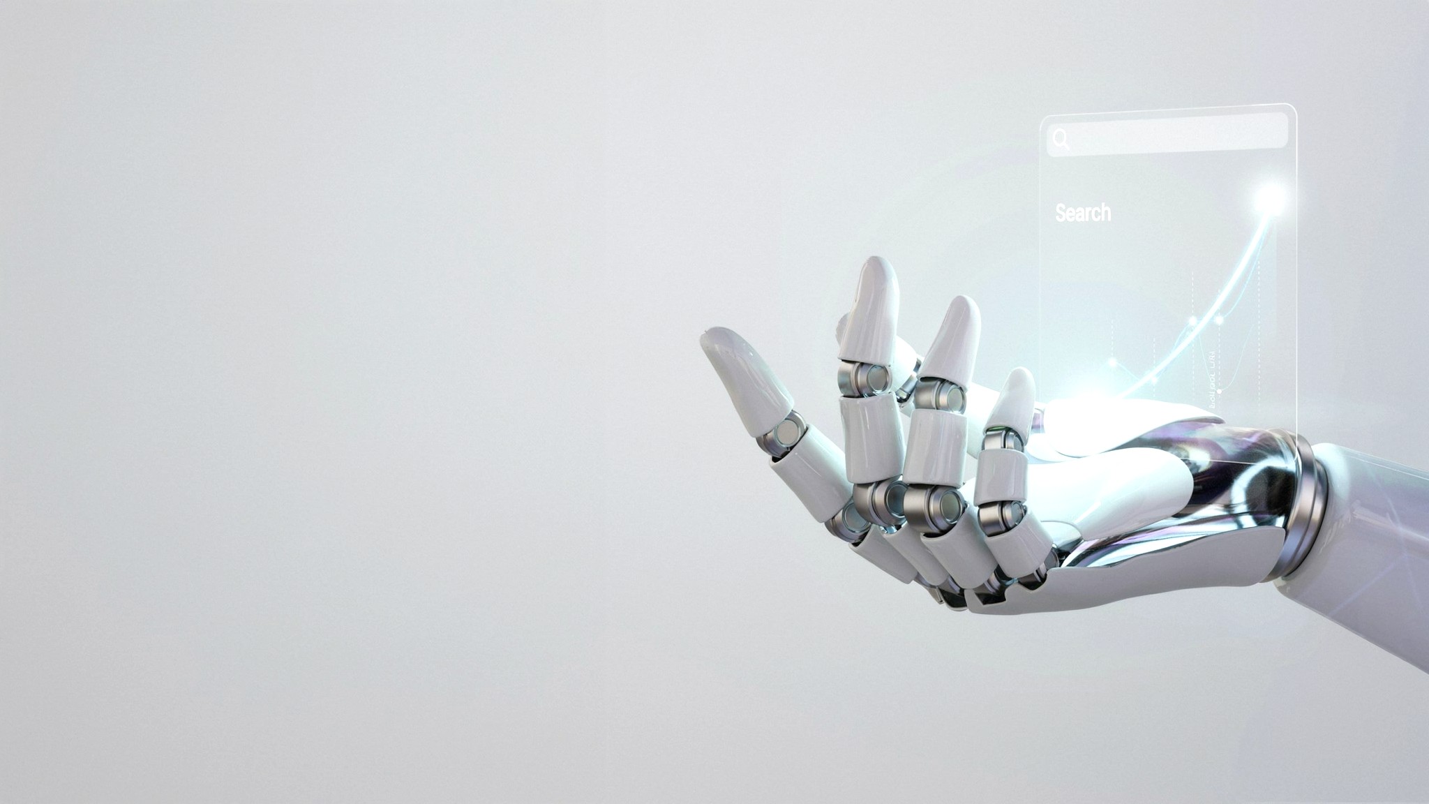 Robotic hand lifting a rising graph from a search panel — SEO and GEO agency, Johannesburg