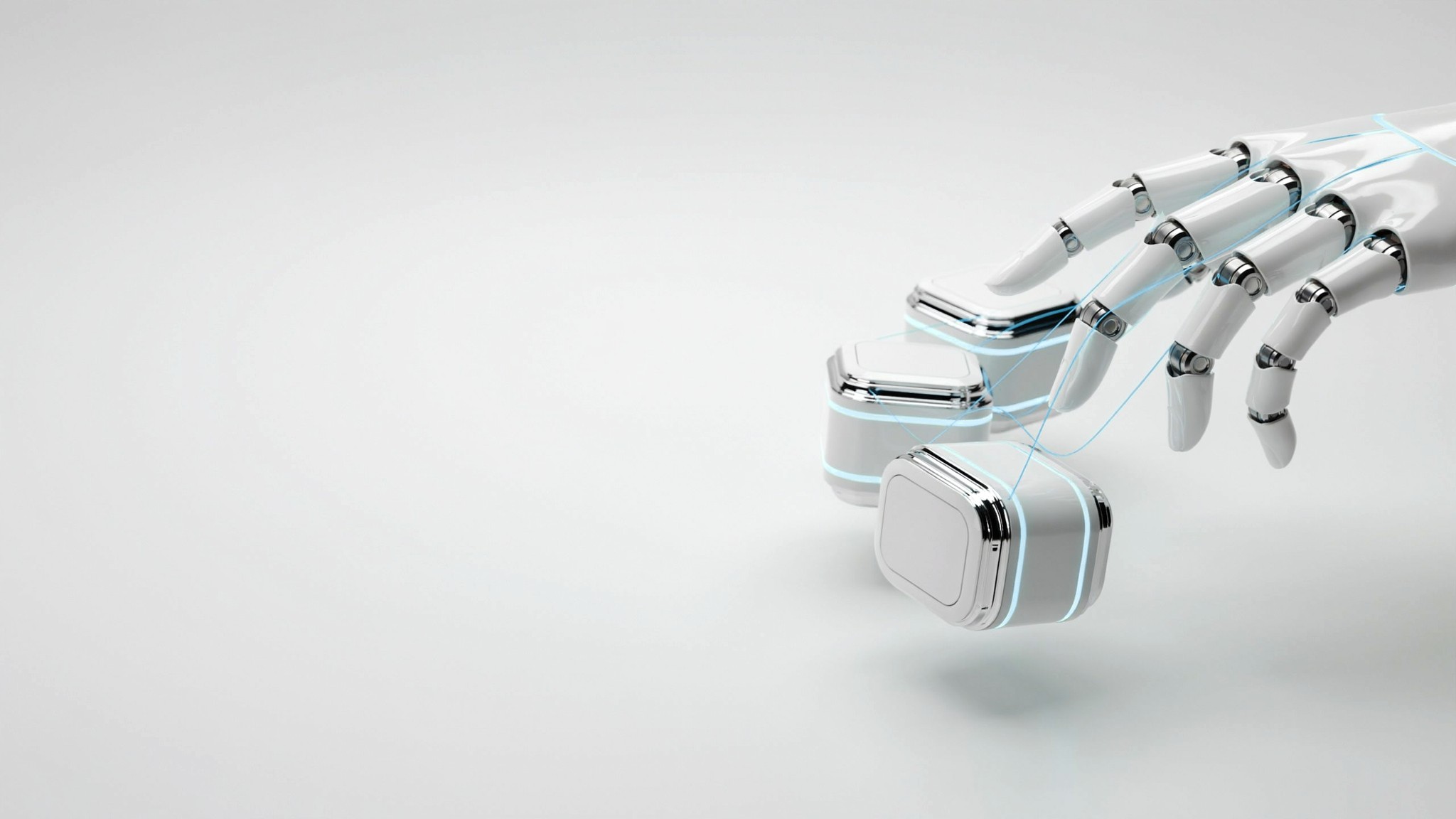 Robotic hand drawing three glowing teal modules together into one connected system — Solutions as a Service from IN·DETAIL