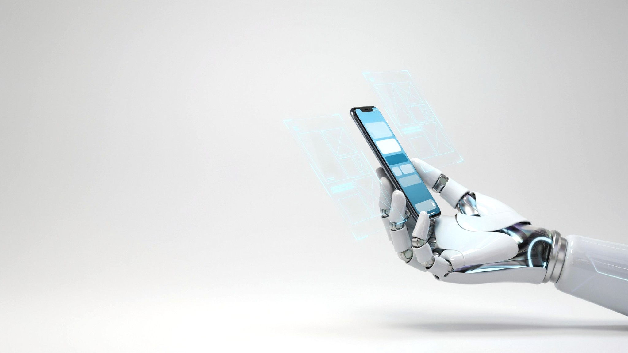 Robotic hand holding a phone with a user interface and floating wireframes — website and app design, Johannesburg